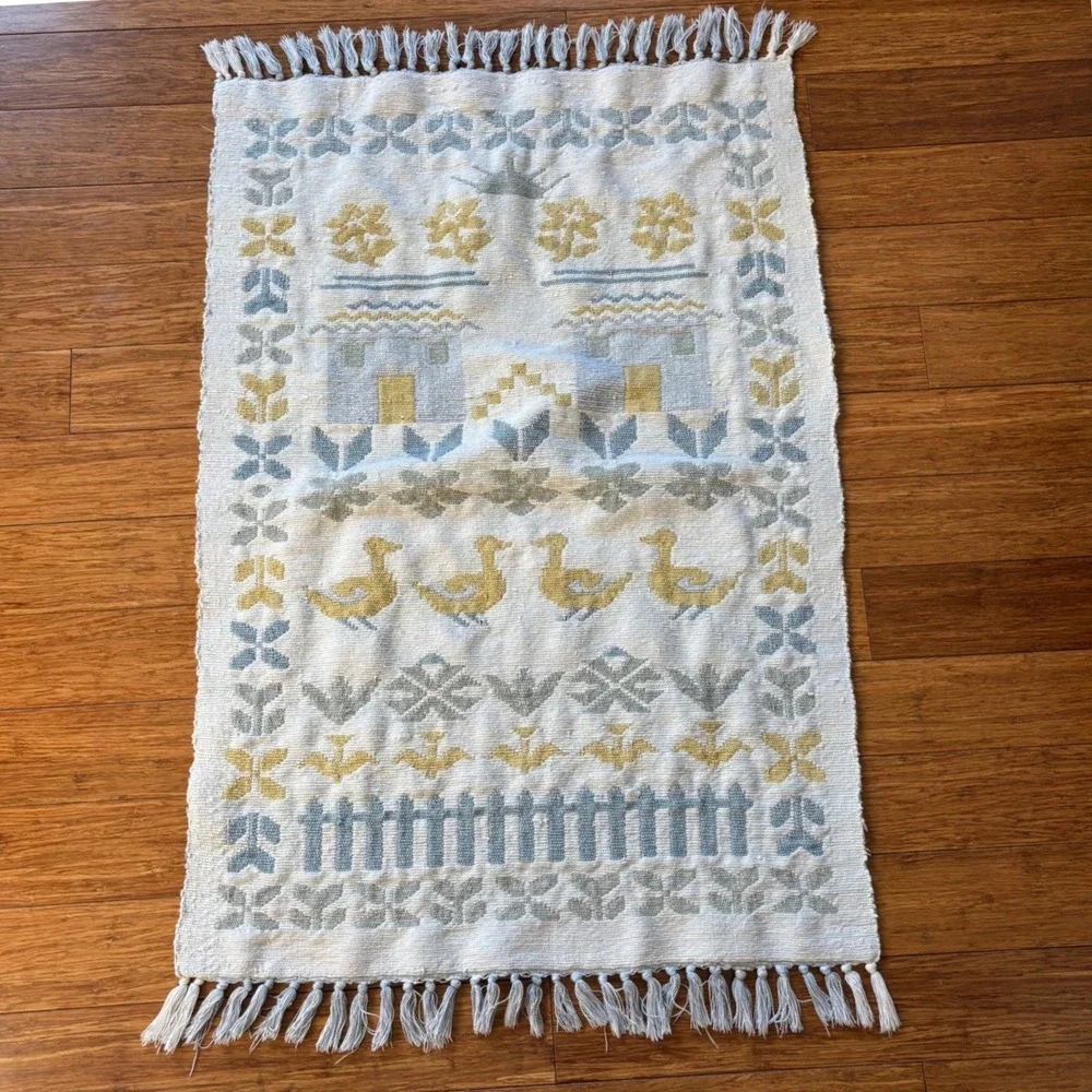 Vintage Folk Art Handwoven Rug | Blue, Yellow, Ducks | 26x40 + Fringe